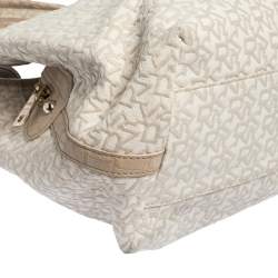 Pre Owned Dkny Beige/Off White Signature Fabric and Croc Embossed Leather Flap Hobo