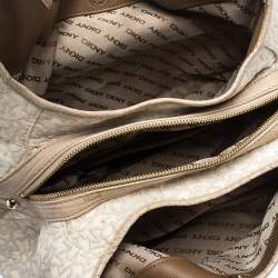 Pre Owned Dkny Beige/Off White Signature Fabric and Croc Embossed Leather Flap Hobo