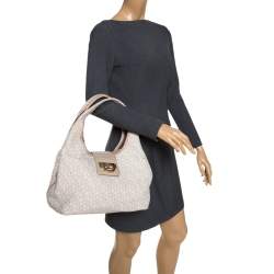 Pre Owned Dkny Beige/Off White Signature Fabric and Croc Embossed Leather Flap Hobo