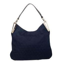 Pre Owned DKNY Blue/Brown Signature Canvas and Croc Embossed Leather Hobo