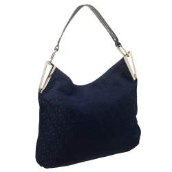 Pre Owned DKNY Blue/Brown Signature Canvas and Croc Embossed Leather Hobo