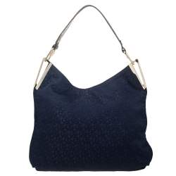 Pre Owned DKNY Blue/Brown Signature Canvas and Croc Embossed Leather Hobo
