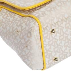 Pre Owned DKNY Beige/Yellow Signature Canvas and Leather Flap Top Handle Bag