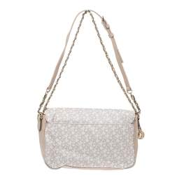 Pre Owned حقيبة كتف دي كيه أن واي قلاب كانفاس مقوى مطبوع شعار الماركة و جلد أبيض و بيج