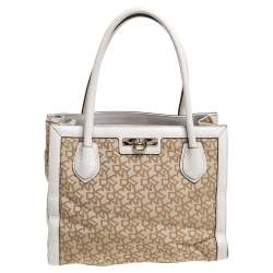 Pre Owned DKNY Beige Signature Canvas and Leather Zip Tote