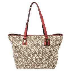 Pre Owned Dkny Beige/Red Signature Canvas and Leather Zip Tote