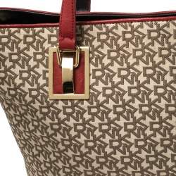 Pre Owned Dkny Beige/Red Signature Canvas and Leather Zip Tote