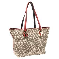 Pre Owned Dkny Beige/Red Signature Canvas and Leather Zip Tote