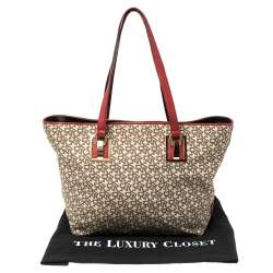 Pre Owned Dkny Beige/Red Signature Canvas and Leather Zip Tote