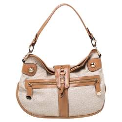 Pre Owned حقيبة دي كي إن واي كانفاس وجلد بيج/بني فاتح بالشعار