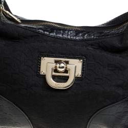 Dkny Black Signature Canvas and Croc Embossed Leather Buckle Hobo