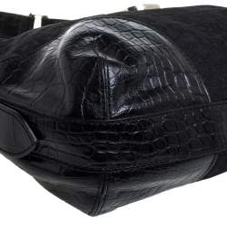Dkny Black Signature Canvas and Croc Embossed Leather Buckle Hobo