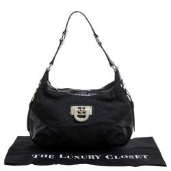 Dkny Black Signature Canvas and Croc Embossed Leather Buckle Hobo