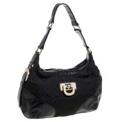 Dkny Black Signature Canvas and Croc Embossed Leather Buckle Hobo