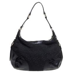Dkny Black Signature Canvas and Croc Embossed Leather Buckle Hobo