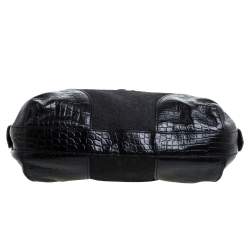 Dkny Black Signature Canvas and Croc Embossed Leather Buckle Hobo