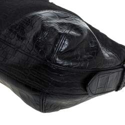 Dkny Black Signature Canvas and Croc Embossed Leather Buckle Hobo