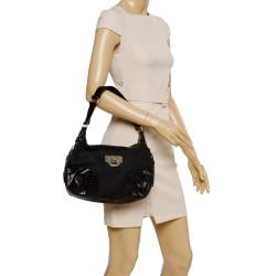 Dkny Black Signature Canvas and Croc Embossed Leather Buckle Hobo