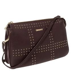 Pre Owned حقيبة كتف دي كي إن واي جلد عنابي دامكن مرصعة