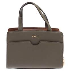 Pre Owned Dkny Khaki Green Leather Front Pocket Satchel 