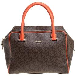 Pre Owned Dkny Brown/Orange Monogram Coated Canvas and Leather Satchel