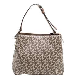 Pre Owned Dkny Beige/Brown Signature Coated Canvas and Leather Bryant Bucket Bag