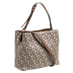 Pre Owned Dkny Beige/Brown Signature Coated Canvas and Leather Bryant Bucket Bag