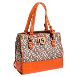 Pre Owned حقيبة دي كي إن واي جلد نقشة التمساح برتقالي وبيج بالشعار