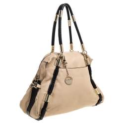 DKNY Beige/Black Leather Metal Detail Satchel  