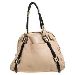 DKNY Beige/Black Leather Metal Detail Satchel  