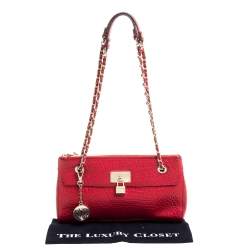 DKNY Red Textured Leather Lock Chain Shoulder Bag