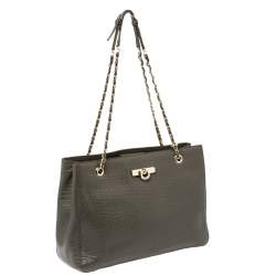 Pre Owned DKNY Dark Grey Leather Chain Handle Tote