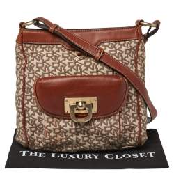 Pre Owned DKNY Brown Signature Canvas and Leather Trim Messenger Bag