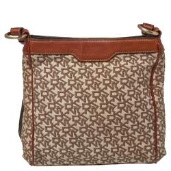 Pre Owned DKNY Brown Signature Canvas and Leather Trim Messenger Bag