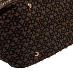 Pre Owned Dkny Brown/Black Signature Canvas and Leather Studded Satchel