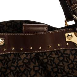 Pre Owned Dkny Brown/Black Signature Canvas and Leather Studded Satchel