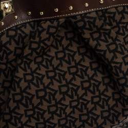 Pre Owned Dkny Brown/Black Signature Canvas and Leather Studded Satchel