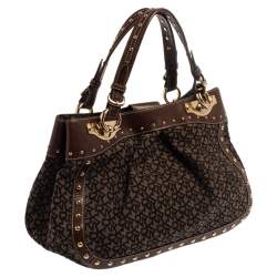 Pre Owned Dkny Brown/Black Signature Canvas and Leather Studded Satchel