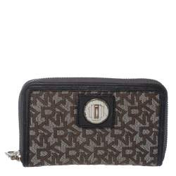 Dkny Brown/Black Monogram Canvas and Leather Zip Around Wallet