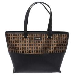 DKNY Black/Brown Leather And Signature Canvas Donna Karan Tote Dkny