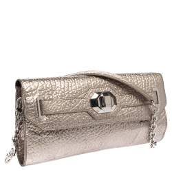Pre Owned DKNY Metallic Grey Leather Flap Chain Clutch