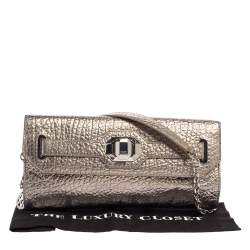 Pre Owned DKNY Metallic Grey Leather Flap Chain Clutch