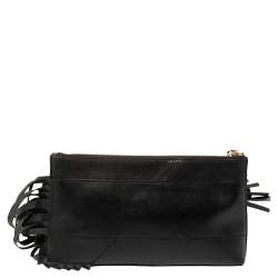 Pre Owned DKNY Black Leather Fringe Clutch
