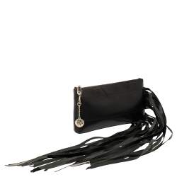 Pre Owned DKNY Black Leather Fringe Clutch
