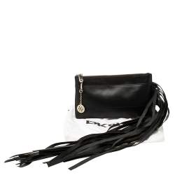 Pre Owned DKNY Black Leather Fringe Clutch