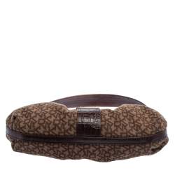 مملوكة مسبقًا Dkny Brown Signature Canvas and Croc Embossed Leather Push Lock Flap Hobo