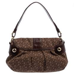 مملوكة مسبقًا Dkny Brown Signature Canvas and Croc Embossed Leather Push Lock Flap Hobo