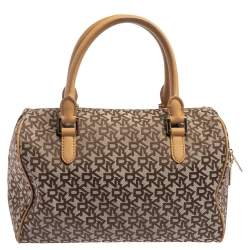 Pre Owned DKNY Beige/Tan Signature Canvas and Leather Boston Bag