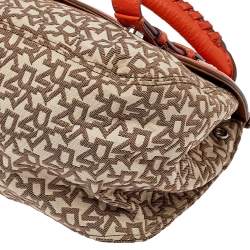 Pre Owned Dkny Orange/Beige Signature Canvas and Leather Top Handle Bag