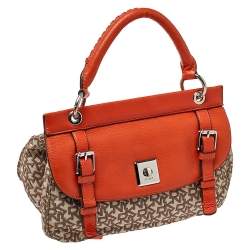 Pre Owned Dkny Orange/Beige Signature Canvas and Leather Top Handle Bag